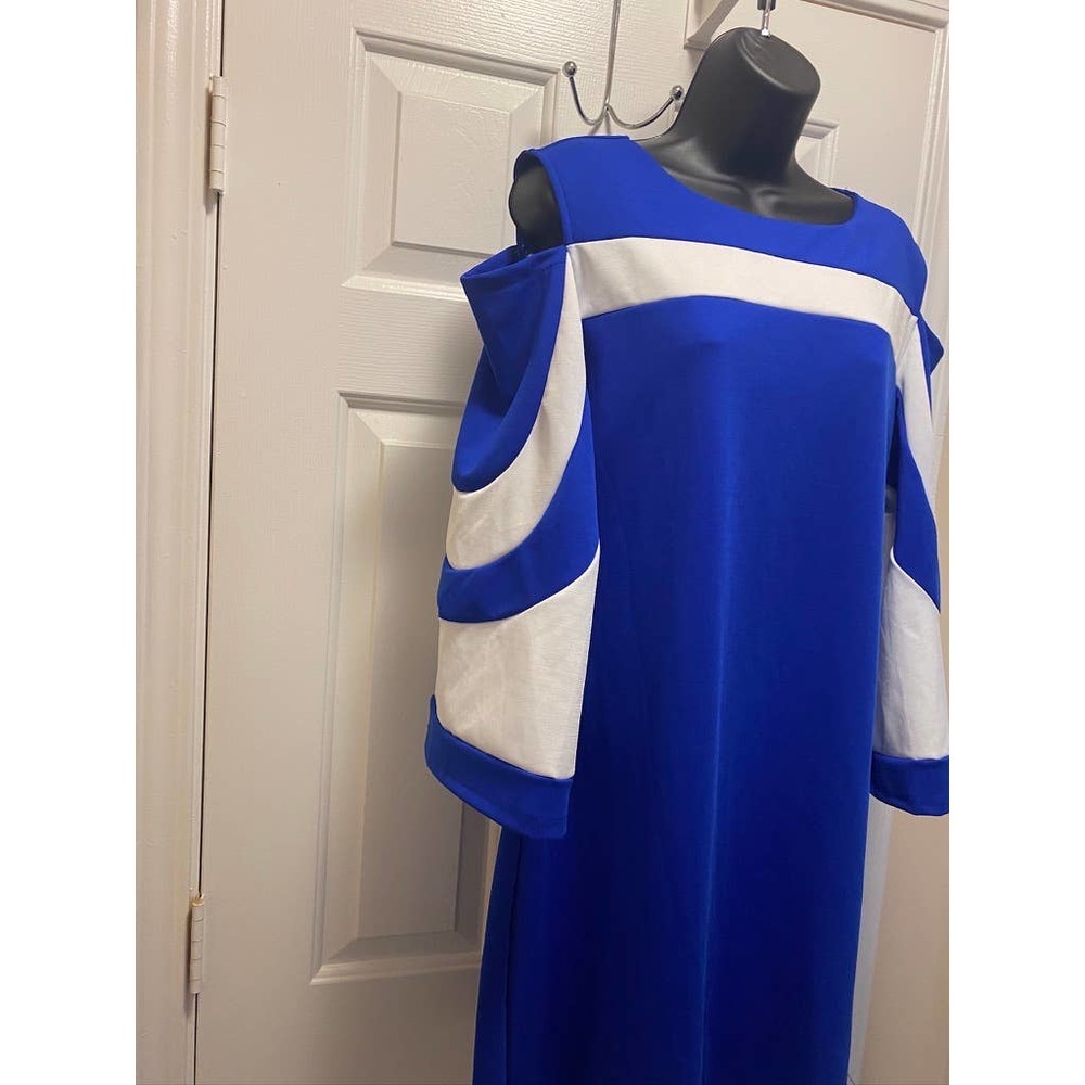 Elapsy Royal Blue & White Womens Mini Dress 3/4 Flare Sleeve Cold Shoulder Large
